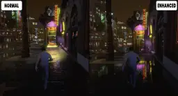Porównanie grafiki GTA V: normalna vs. enhanced. Po prawej stronie widać ulepszoną wersję z lepszymi odbiciami i oświetleniem.
