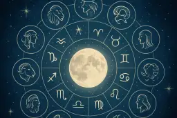 Koło zodiaku z Księżycem w centrum. Widoczne symbole i wizerunki znaków zodiaku, w tym Skorpiona. Sprawdź swój horoskop skorpion na przyszły tydzień.