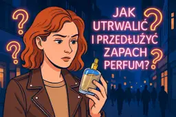 Kobieta z perfumami i znakami zapytania na tle nocnego miasta.
