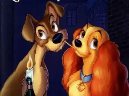 Romantyczna scena z Psim sercem, idealna do rankingu bajek Disneya. Lady i Tramp dzielą spaghetti przy świecy.