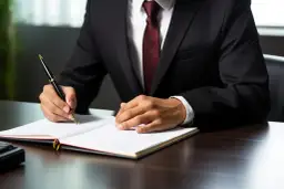 Un homme en costume écrit dans un registre. Il est temps de réfléchir à comment annuler un testament déposé chez un notaire.