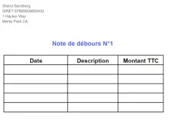 Note de débours N°1 pour Sheryl Sandberg, avec des colonnes pour la date, la description et le montant TTC.