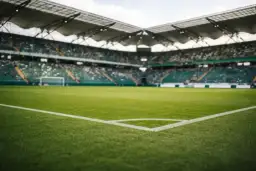 Pusta trybuna stadionu, zielona murawa i bramka. Atmosfera przed decydującym meczem baraże o ekstraklasę.