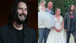 Keanu Reeves na ślubie, obok panny młodej i pana młodego z dzieckiem. Aktor wygląda na szczęśliwego, jakby poznał swoją przyszłą żonę.