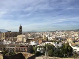 Panorama Malagi z katedrą i palmami. Idealne miejsce, by zobaczyć, co warto w Maladze.