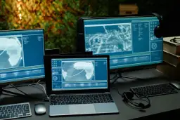 Kilka monitorów i laptop wyświetlających dane i mapy w niebieskich barwach.