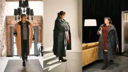 Kobieta w różnych stylizacjach plus-size: płaszcze, sukienka, sweter, spodnie.