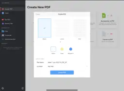 Ekran tworzenia nowego PDF z opcjami wyboru szablonu i nazwy pliku.