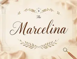 Elegancka grafika z napisem "The Marcelina", ozdobiona gałązkami i kolumnami.