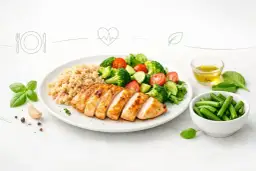 Na talerzu grillowany kurczak, brązowy ryż i świeża sałatka z brokułów, pomidorów i ogórka. Obok miseczka fasolki szparagowej i oliwa. Idealny, lekkostrawny obiad.