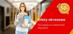 Młoda studentka z zeszytami i ołówkiem, obok napis "Bilety okresowe" i informacja o zniżce 50%. Czy są bilety tygodniowe PKP?