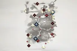 Mapa wyspy Tsushima z zaznaczonymi lokacjami, takimi jak Komoda, Kashine, Komatsu, Ariake, Hiyoshi i Azamo.