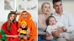 Rodzina z dzieckiem. Maja Wiśniewska w stroju pszczółki, rodzice w kostiumach.