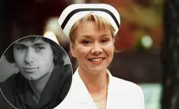 Kolaż: młody mężczyzna w okrągłej ramce i uśmiechnięta kobieta w stroju pielęgniarki.