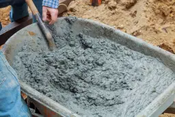 Mieszanie betonu B20 w taczce. Właściwe proporcje składników są kluczowe dla uzyskania wytrzymałego materiału budowlanego.