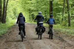 Trzy osoby jadą rowerami po leśnej ścieżce. Mimo pięknej pogody, widać znak zakaz jazdy rowerem.