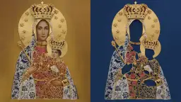 Dwie wersje ikony Matki Boskiej z Dzieciątkiem, ukazujące, jak wyglądała Maryja w bogatych szatach i koronach, ozdobione różami.