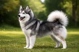 Uroczy pomsky z puszystym ogonem stoi na trawie, ciesząc się słońcem.