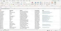 Arkusz Excel z danymi restauracji, gotowy do operacji excel zamiana wierszy na kolumny. Widoczne kolumny: Restauracja, Adres, Numer telefonu, Email.