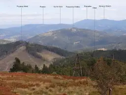 Widok na beskid żywiecki szczyty: Przełęcz Wielki, Prusów, Sucha Góra, Praszywka Wielka, Romanka, Obłaz, Boraczy Wierch.