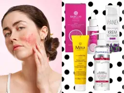 Kobieta z cerą naczynkową dotyka policzka. Obok kosmetyki: krem, serum, peeling i żel. Jaki olej do cery naczynkowej wybrać?
