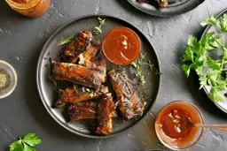 Soczyste żeberka pieczone na patelni, polane sosem BBQ. Aromatyczne zioła i świeża natka pietruszki dopełniają danie.