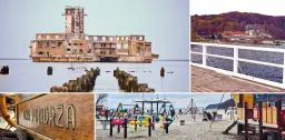 Gdynia co zobaczyć: ruiny fortu, molo, plac zabaw na plaży i napis "Dar Pomorza".