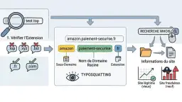Schéma expliquant le typosquatting : vérification d'extension, analyse du nom de domaine et recherche WHOIS pour identifier un **site frauduleux**.