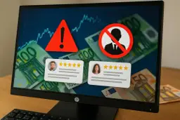 Avertissement sur un écran d'ordinateur : graphiques, billets en euros, icône d'interdiction et avis clients. Cela pourrait illustrer une liste noire des sites de vente en ligne.