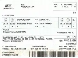 Bilet PKP Intercity: seria 517781358442, numer 006117. Podróż z Warszawy Wsch. do Lublina Głównego.