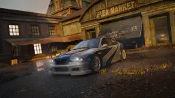 BMW M3 E46 z kultowej gry Need for Speed Most Wanted Remake czeka na wyścig przy zniszczonym "Flea Market".