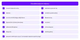 Lista charakterystycznych objawów zaburzeń lękowych: kołatanie serca, drżenie, duszności, dyskomfort w klatce piersiowej, fale gorąca, biegunka, poczucie zamknięcia.