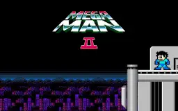 Tytuł gry Mega Man 2 z niebieskim bohaterem na tle nocnego miasta i gór.