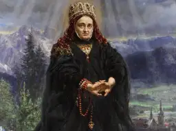Portret kobiety w koronie i czarnej szacie, z różańcem w dłoniach, na tle górskiego krajobrazu.