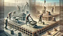 Budowlańcy pracują przy betonowaniu fundamentów. Widać wózki z betonem i ludzi układających masę. Czas schniecia betonu zależy od wielu czynników.