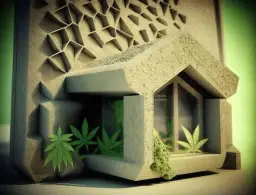 Nowoczesna architektura z beton konopny, z geometrycznymi wzorami i liśćmi konopi w oknach.
