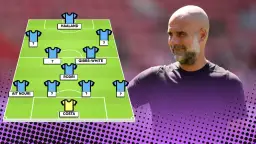 Pep Guardiola analizujący skład Manchesteru City z Haalandem i Rodrim.