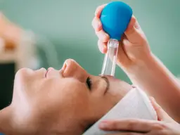 Zabieg z użyciem baniek na zatoki. Terapia próżniowa poprawia krążenie i pomaga udrożnić zatoki.