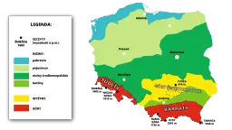 Mapa Polski z podziałem na regiony: pobrzeża, pojezierza, niziny, kotliny, wyżyny i góry. Widać nazwy gór w Polsce: Sudety, Góry Świętokrzyskie, Karpaty.