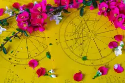 Kwiaty wiśni i płatki zdobią żółte wykresy astrologiczne, sugerując horoskop tygodniowy dla Byka.