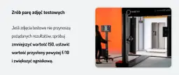 Profesjonalna fotografia produktowa: ustawienia aparatu do testów. Zmniejsz ISO, ustaw przysłonę f/10 i zwiększ ogniskową dla lepszych rezultatów.