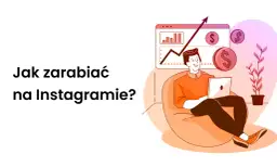 Mężczyzna z laptopem na wygodnej pufie, analizujący wykresy wzrostu i monety z symbolem dolara. Ilustracja pokazuje, jak zarabiać na Instagramie.