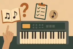 Ręka wskazuje na klawisze keyboardu, obok nuty, znaki zapytania i listę zadań. Opis klawiszy keyboardu jest kluczowy do nauki gry.