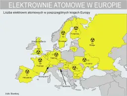 Mapa Europy pokazuje liczbę elektrowni atomowych w krajach. Niemcy mają 17 elektrowni atomowych.