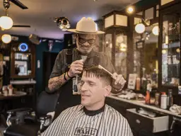 W salonie fryzjerskim "Klasyczna Maszynka" barber w kapeluszu spryskuje wodą włosy klienta przed strzyżeniem.