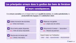 Les principales erreurs dans la gestion des bons de livraison : saisie incorrecte, documents dispersés, manque de suivi, réserves mal gérées, déconnexion livraison-facturation. Ces problèmes entraînent des litiges, retards et perte de productivité.