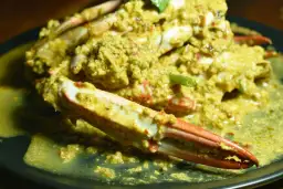 Krab w żółtym sosie curry na czarnym talerzu.