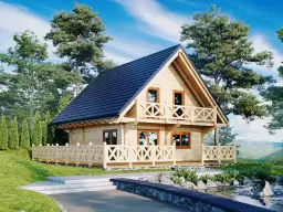 Drewniany dom z bali z balkonem i ogrodzeniem, otoczony drzewami i zielenią.