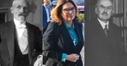 Trzy portrety: dwóch starszych panów w strojach z epoki i kobiety w okularach. Czy to rodzina? Może dziadkowie Kidawy Błońskiej?