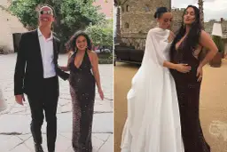 Vanessa Hudgens w błyszczącej sukni i jej partner, a także z inną kobietą w białej sukni.